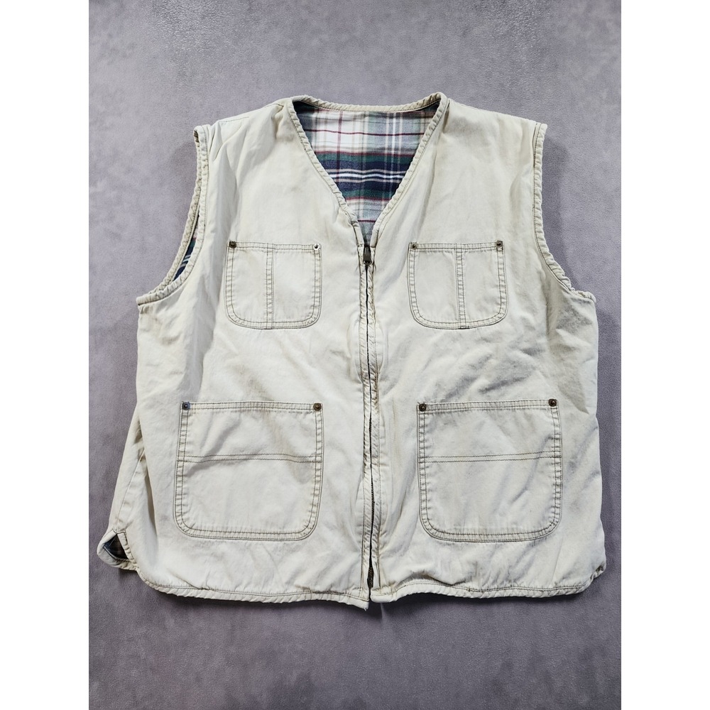 Vintage 90s L.L. Bean Reversible Vest XL Beige Plaid Outdoor Pockets Mens XL